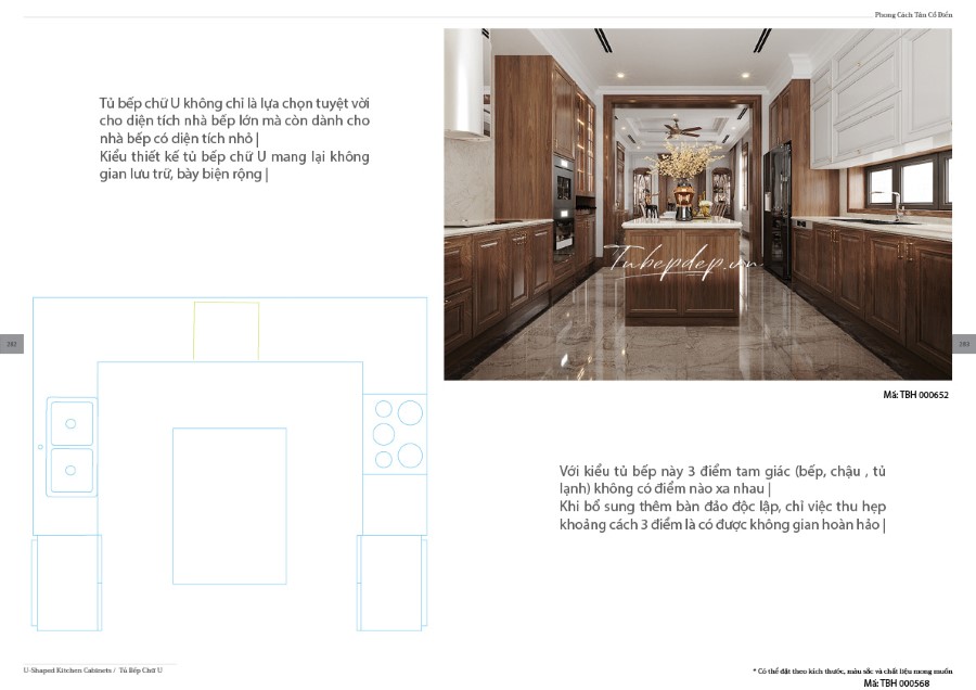 Thiết kế phòng bếp biệt thự tân cổ điển gỗ óc chó